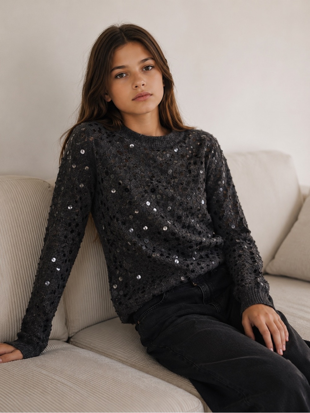 Zara Girls Age 13-14 Gray Sequined Long Sleeve Knit Sweater NWOT